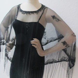 BLACK MESH SHAWL WITH JET BEAD DESIGN & FRINGE